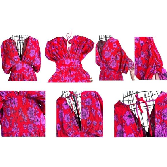 Band of Gypsies Hi Low Dress Small Red Pink Flowers Stretch Waist Festive READ - Picture 4 of 12